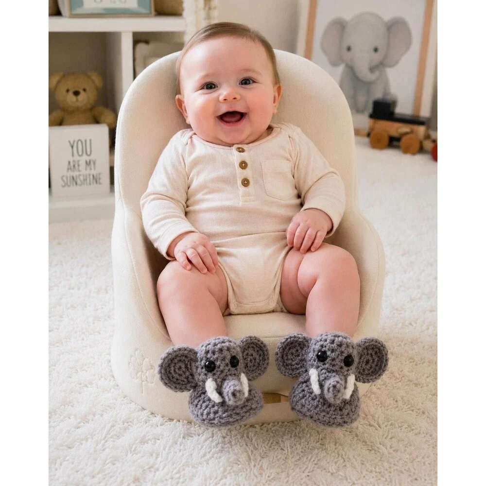 Handmade Crochet Elephant Baby Booties, Felt Lined Newborn Slippers (0-3 Months)